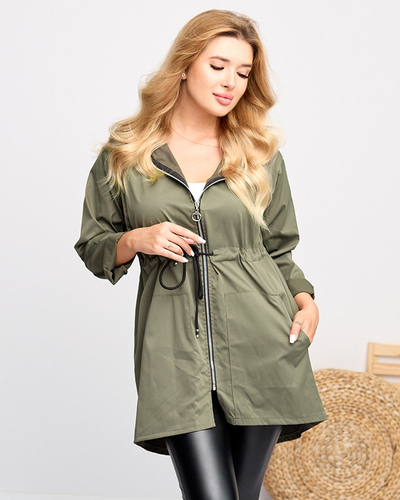 Dunkelgrüne, lange Windbreaker-Jacke mit gebundener Taille für Damen - Kleidung