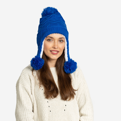 Kobaltisolierte Damenmütze mit Pompons - Accessoires