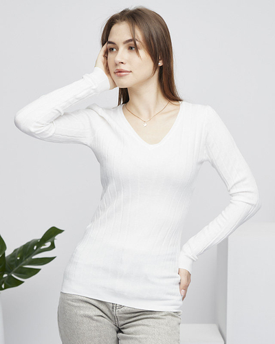 Weißer Damenpullover mit V-Ausschnitt - Kleidung