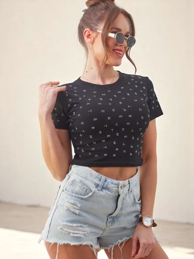 Royalfashion Baumwoll-Crop-Top für Damen mit Strasssteinen und Buchstaben