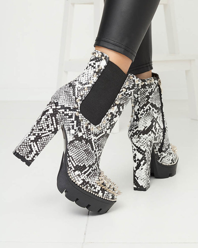 Schwarz-weiße, isolierte, verzierte und geprägte Damenstiefel Tegis - Footwear