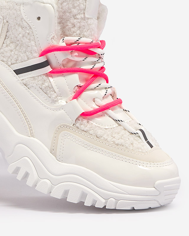 Weiße Damen-Sportschuhe mit Pelz und neonpinken Schnürsenkeln Sagglo- Footwear