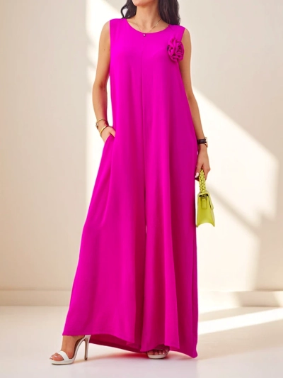 Fuchsiafarbener Artemisia-Jumpsuit aus Viskose mit Spaghettiträgern und Verzierung