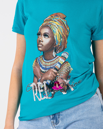 Blaues Damen-T-Shirt mit farbigem Aufdruck und Pailletten - Kleidung