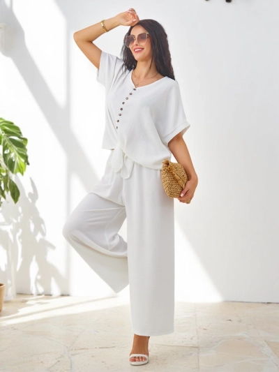 Royalfashion Damen-Casual-Set mit Kurzarmbluse und weiten Hosen