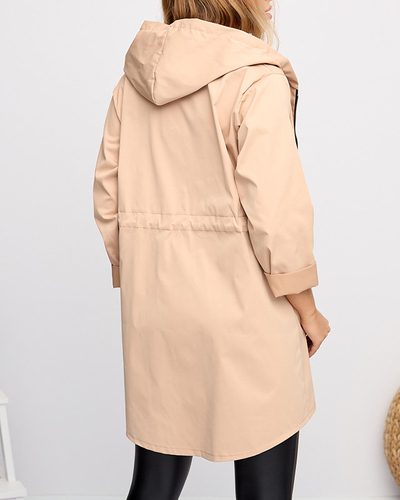 Beige lange Windjacke für Damen mit Bindebund - Kleidung