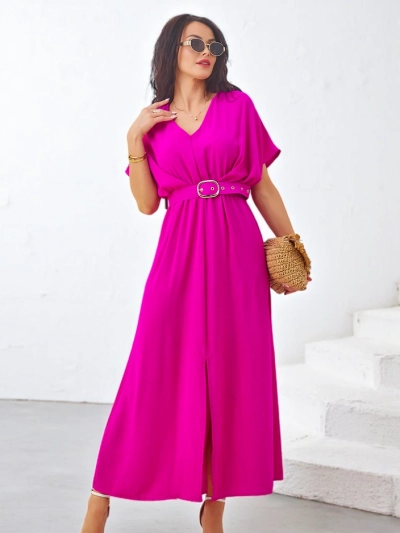 Royalfashion Damen Midi-Kleid mit kurzen Ärmeln, V-Ausschnitt und einem zentralen Schlitz