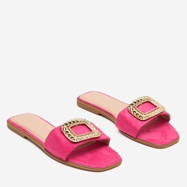 OUTLET Öko-Wildleder-Hausschuhe für Damen in Fuchsia mit goldener Schnalle Lozi. Schuhwerk