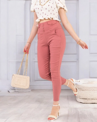 Damen-Treggings in Rosa mit Knöpfen - Kleidung