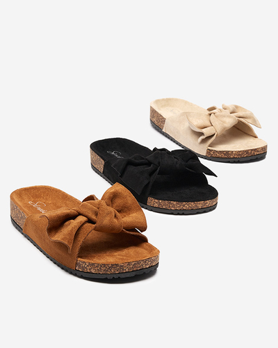 Damenhausschuhe aus Öko-Wildleder mit Schleife in Kamelfarbe Dofro- Footwear