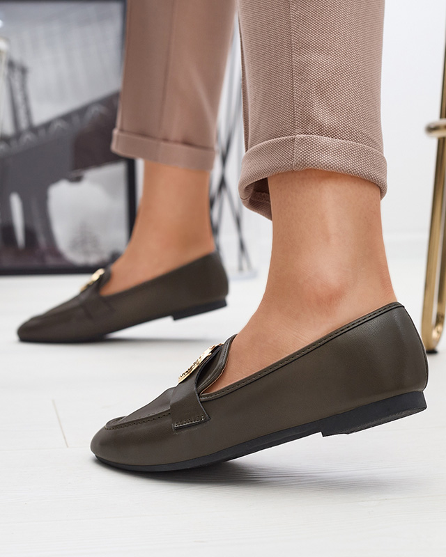 Dunkelgrüne Damenmokassins mit Goldverzierung Uletta - Footwear