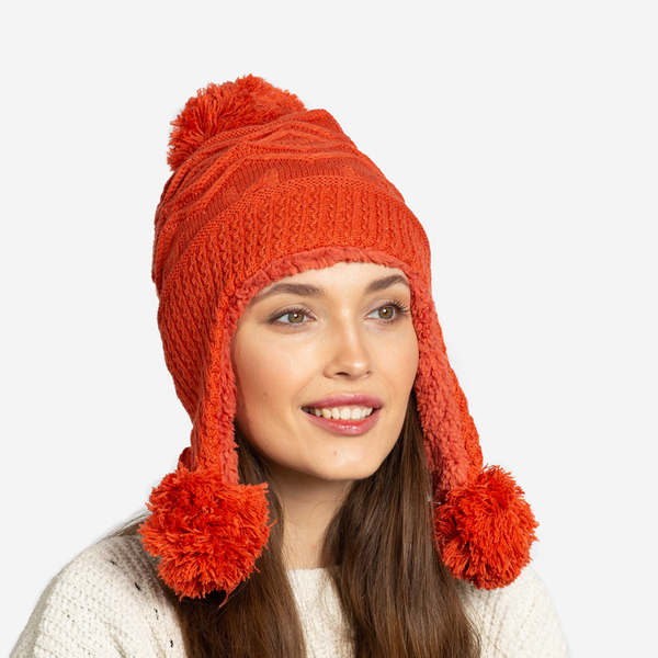 Orangefarbene Damen-Isoliermütze mit Pompons - Accessoires
