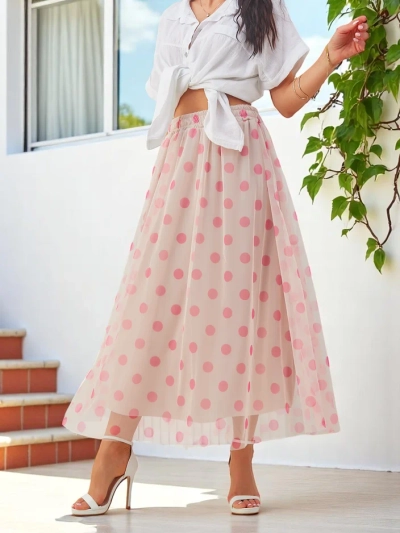 Royalfashion Damen Viskose Midi-Rock mit gepunktetem Tüll