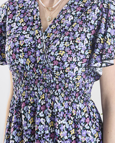 Schwarzes langes Damenkleid mit lila Blumen - Kleidung