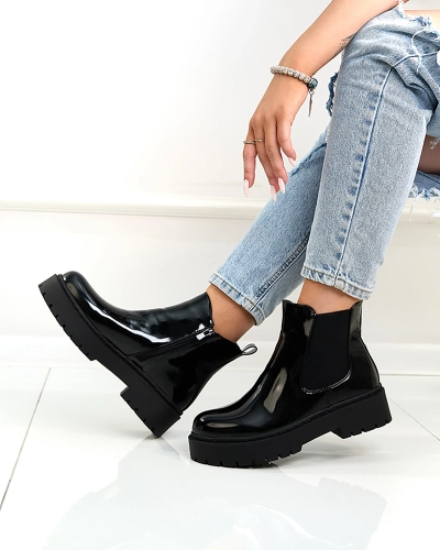 Royalfashion Schwarz lackierte Damenstiefel ohne Absatz Glossy Chic Stiefel