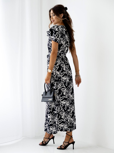 Royalfashion Gemustertes Damen-Midikleid mit kurzen Ärmeln, Wickelausschnitt und Gürtel