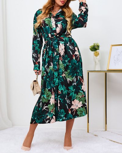 Royalfashion Schwarz-grün gemustertes Damen Maxikleid
