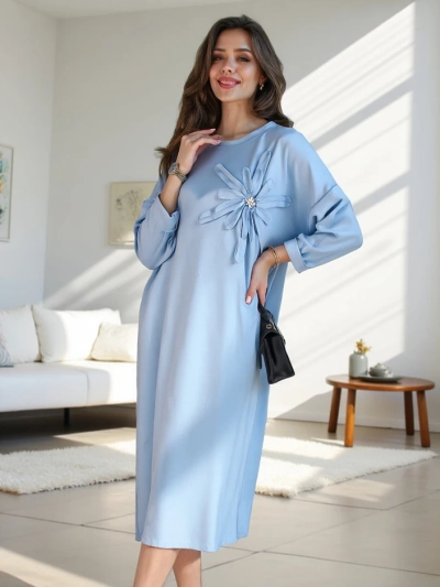 Royalfashion Damen-Midikleid, übergrober Stoff mit einer Blume