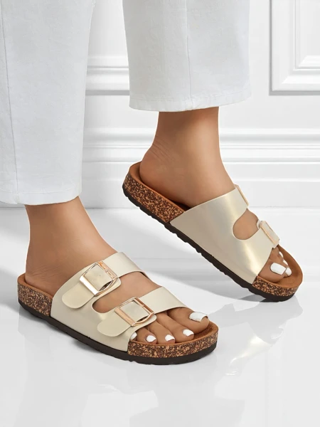 Damen Sandalen Royalfashion Aurelia gold – flache Pantoletten aus Öko-Leder (Größe 39)