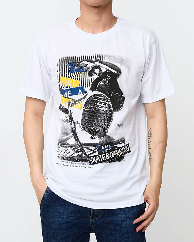 Weißes Herren-Baumwoll-T-Shirt mit farbigem Aufdruck - Kleidung