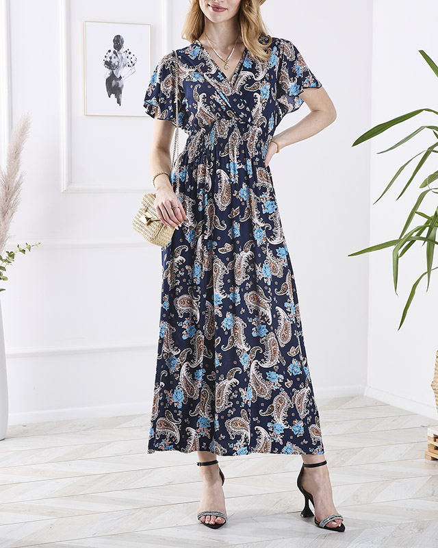 Gemustertes Damen-Midikleid in Marineblau- Kleidung