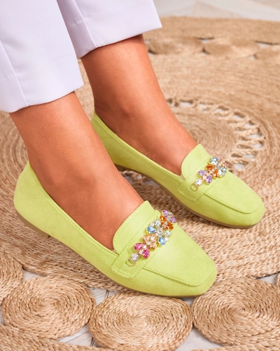 Royalfashion Neongrüne Damen Mokassins mit Kristallen Olkeri