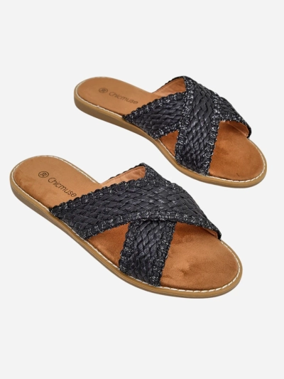 Damen-Sandalen Calista Nero flach, schwarzes Geflecht, Öko-Leder