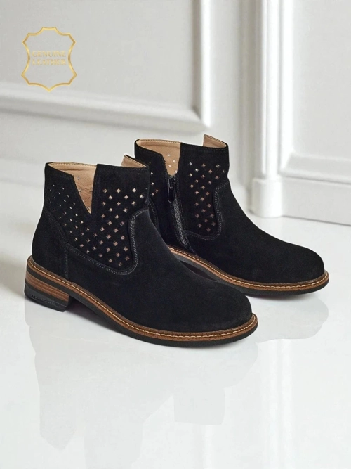 Botki Aurelia Nero zamszowe ażurowe botki damskie płaski obcas 3cm