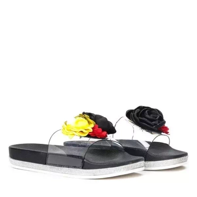 OUTLET Schwarze Hausschuhe mit dekorativen Blumen von Novia - Schuhe