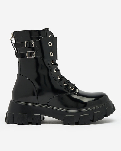 Royalfashion Schwarz lackierte Damen Baggerstiefel Xagaga