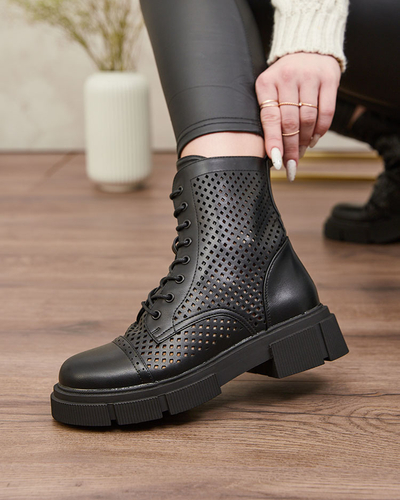Schwarze durchbrochene Damenstiefeletten mit flachem Absatz Rolika - Footwear