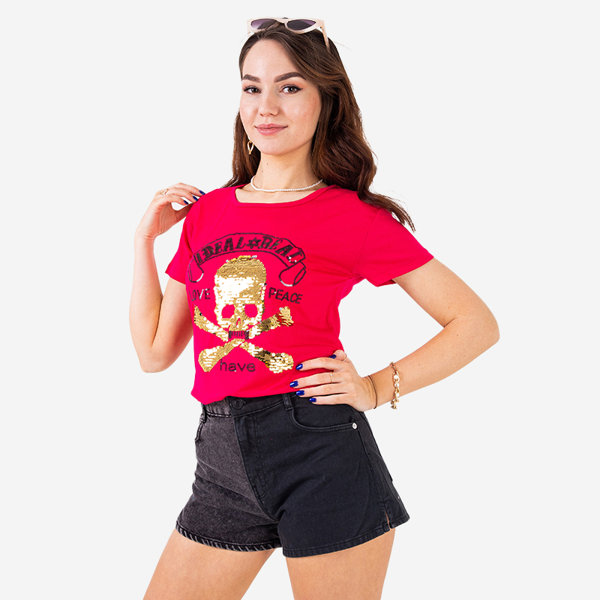 Fuchsia Damen-T-Shirt mit Pailletten und Aufschrift - Kleidung