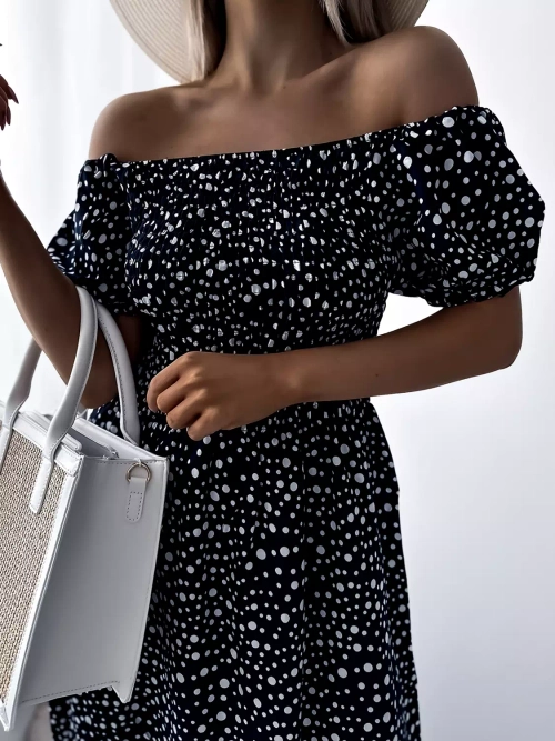 Темно-синя жіноча максі-сукня в горох - Одяг