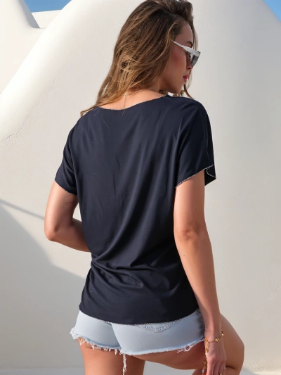 Royalfashion Viskose Damenbluse mit kurzen Ärmeln und Glitzerfinish