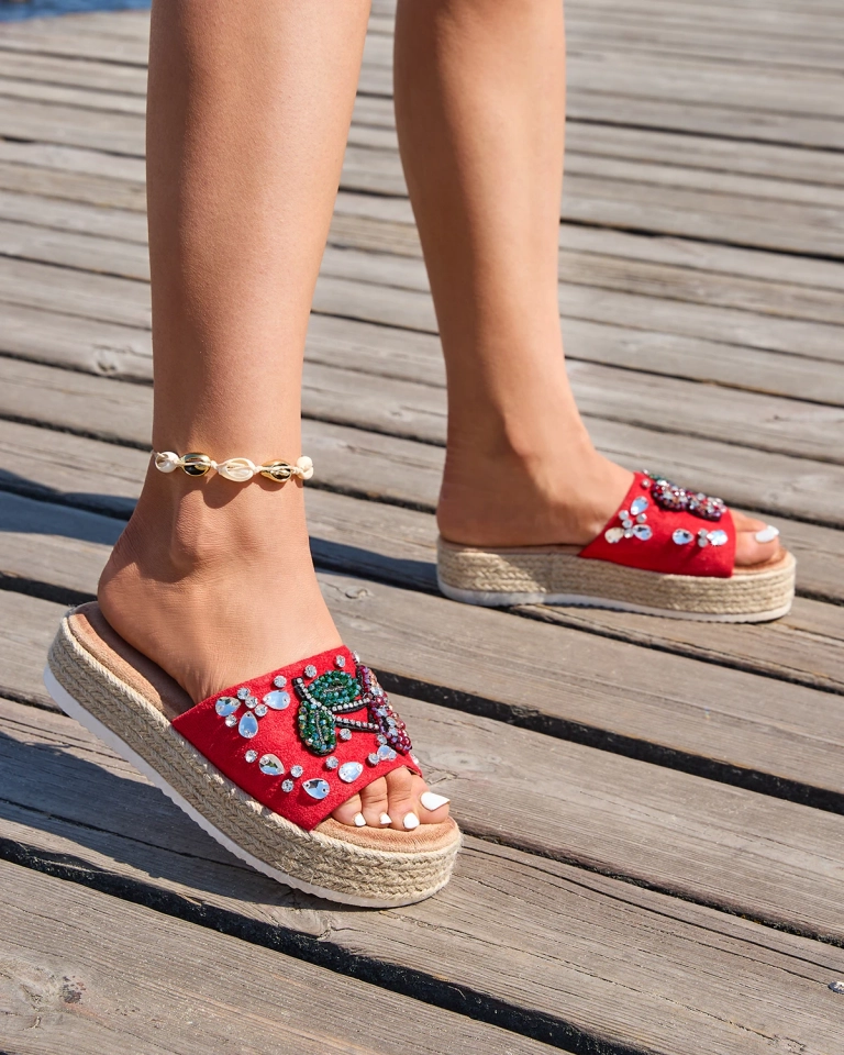 Royalfashion Rote verzierte Damen-Flip-Flops mit dicker Sohle Avadeka