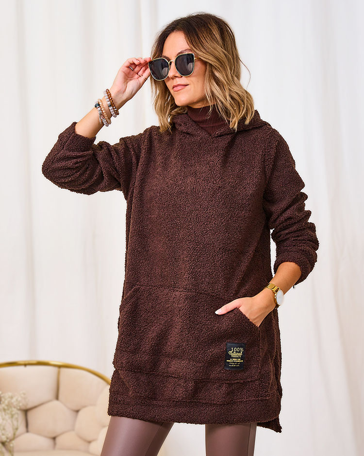 Royalfashion Dunkelbrauner Damen-Langpullover mit Kapuze