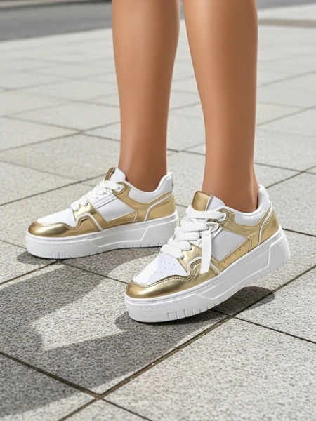 Damen-Sneakers 'Aurelia' Gold-Weiß mit 4cm Plateau - Stil und Komfort