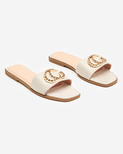 Öko-Veloursleder-Hausschuhe in Beige mit goldenem Hana-Ornament - Schuhe