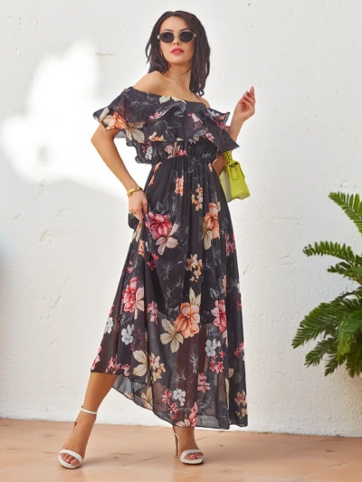 Royalfashion Damen Off-Shoulder Kleid mit kurzen Ärmeln in verschiedenen Blumenmustern