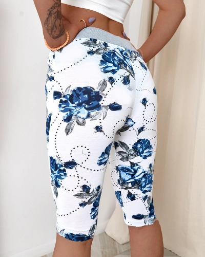 Damen 3/4 Shorts mit Blumenmuster in Weiß und Marineblau PLUS SIZE- Kleidung