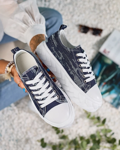 Royalfashion Marineblaue Damen Denim Sneakers mit geriebenem Nerolera