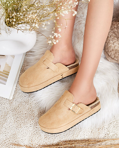 Royalfashion Damenpantoffeln mit Schafsfell und Schnalle Kajis