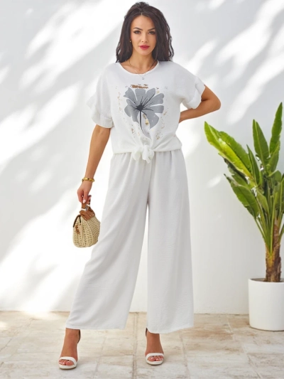 Royalfashion Damen Freizeitanzug mit kurzärmliger Bluse und weiten Hosen
