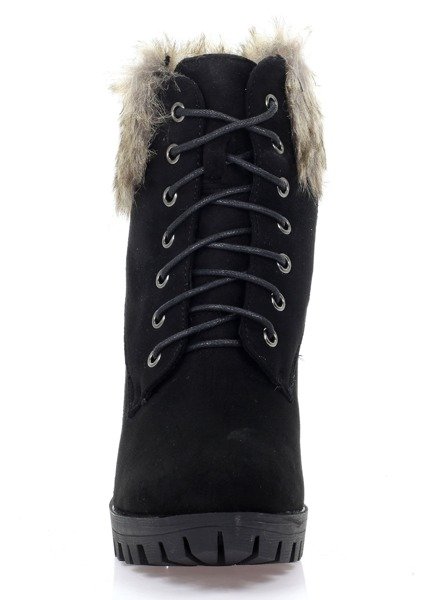 Czarne botki na słupku z futerkiem - Obuwie