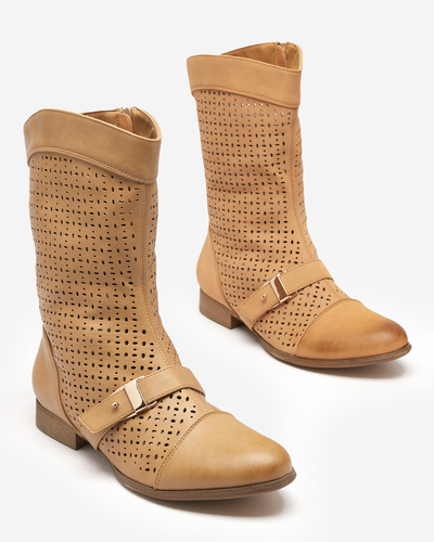 Kamelfarbene durchbrochene Stiefel mit flachem Absatz Weiluna - Footwear