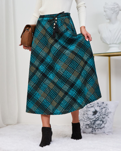 Royalfashion Світло-коричнева та бірюзова жіноча спідниця міді в клітинку