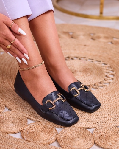 Royalfashion Schwarze Damen Steppmokassins mit Goldverzierung Wetifa