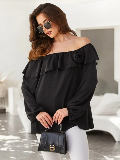 Royalfashion Damen Bluse mit schulterfreiem Design, Rüsche und Blumen