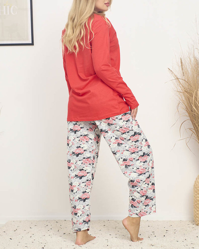 Damen-Pyjama mit Blumendruck in Korallenfarbe PLUS SIZE - Kleidung