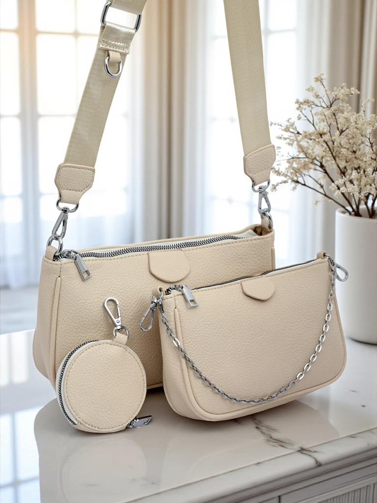 Damen Lederhandtasche Perseida Multi Beige mit Kette und Tasche